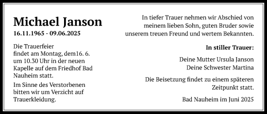 Traueranzeige von Michael Janson von Wetterauer Zeitung