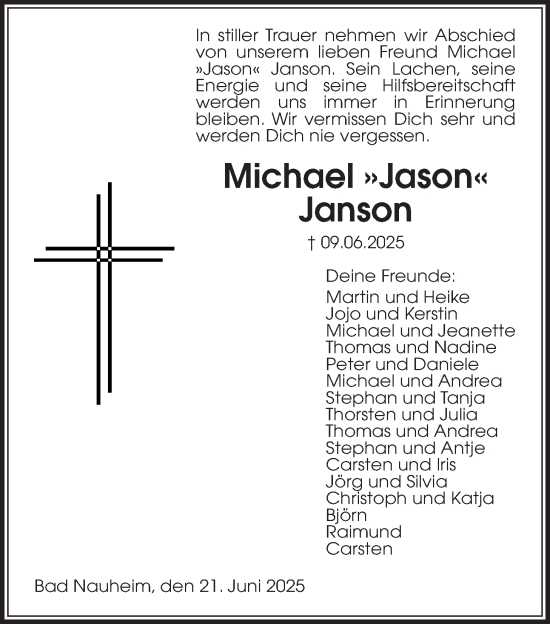 Traueranzeige von Michael Janson von Wetterauer Zeitung
