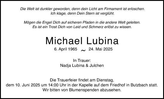 Traueranzeige von Michael Lubina von Giessener Allgemeine, Alsfelder Allgemeine