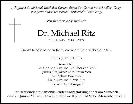 Traueranzeige von Michael Ritz von Bad Vilbel/Karben
