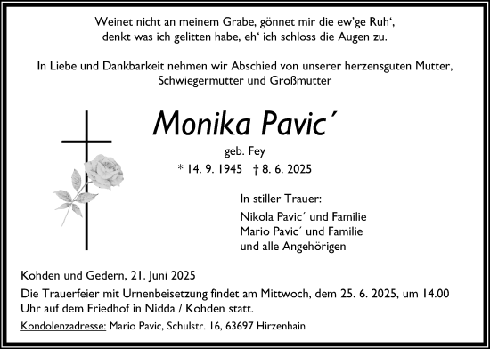 Traueranzeige von Monika Pavic von Kreis-Anzeiger