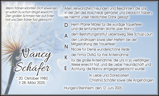 Traueranzeige von Nancy Schäfer von Licher Wochenblatt