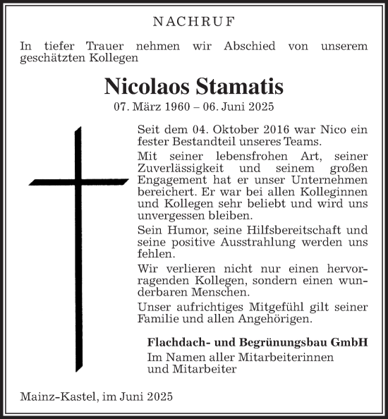 Traueranzeige von Nicolaos Stamatis von Wetterauer Zeitung