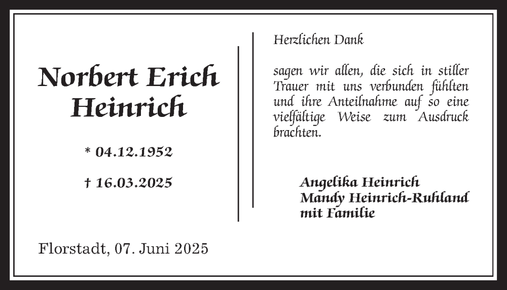  Traueranzeige für Norbert Erich Heinrich vom 07.06.2025 aus Wetterauer Zeitung