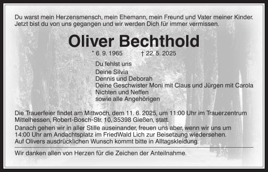 Traueranzeige von Oliver Bechthold von Giessener Allgemeine, Alsfelder Allgemeine