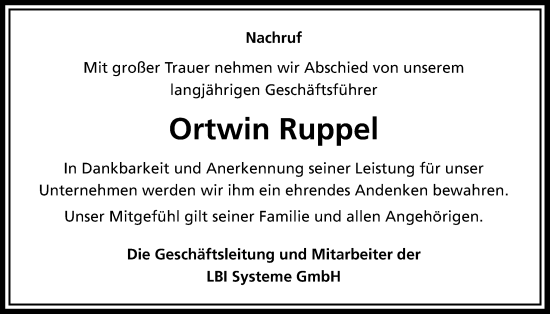 Traueranzeige von Ortwin Ruppel von Giessener Allgemeine, Alsfelder Allgemeine