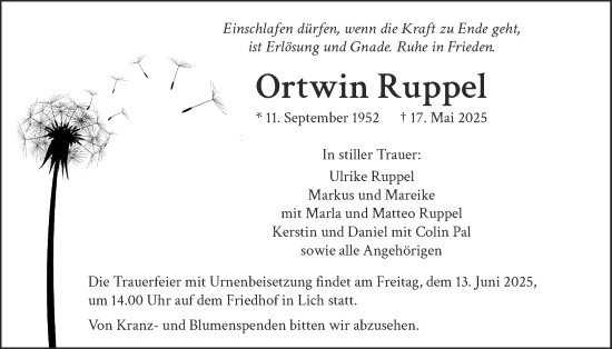 Traueranzeige von Ortwin Ruppel von Licher Wochenblatt, Licher Wochenblatt
