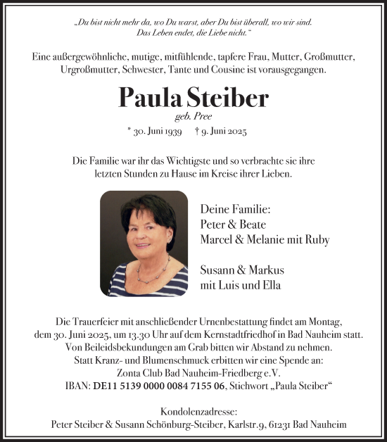 Traueranzeige von Paula Steiber von Wetterauer Zeitung