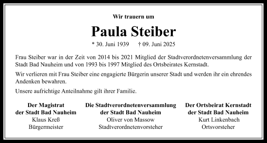 Traueranzeige von Paula Steiber von Wetterauer Zeitung