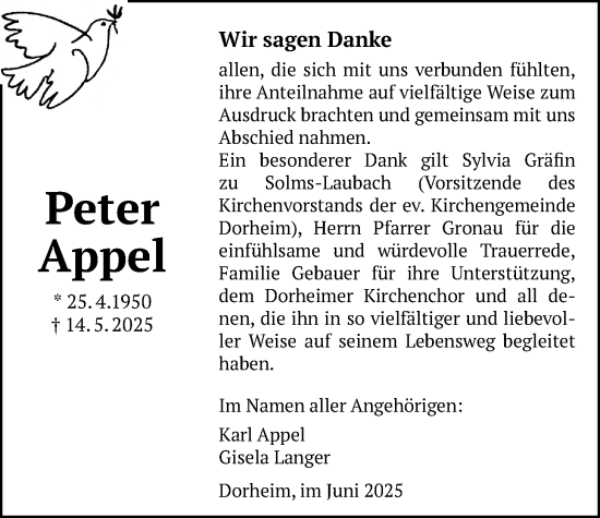 Traueranzeige von Peter Appel von Wetterauer Zeitung