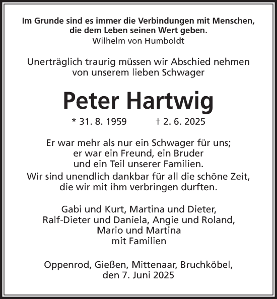 Traueranzeige von Peter Hartwig von Giessener Anzeiger, Giessener Allgemeine, Alsfelder Allgemeine