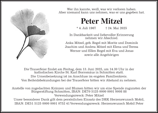 Traueranzeige von Peter Mitzel von Usinger Anzeiger, Usinger Anzeigenblatt
