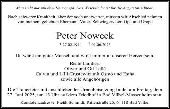 Traueranzeige von Peter Noweck von Bad Vilbel/Karben