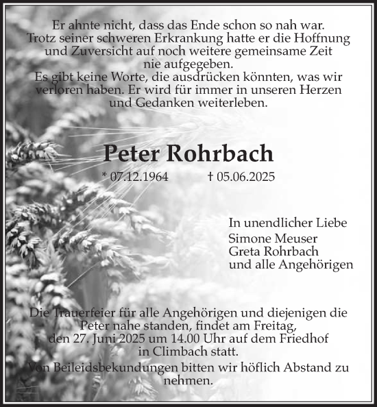 Traueranzeige von Peter Rohrbach von Allendorfer Mitteilungen