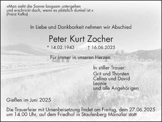 Traueranzeige von Peter Kurt Zocher von Giessener Anzeiger, Giessener Allgemeine, Alsfelder Allgemeine