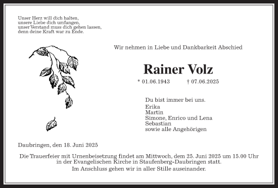 Traueranzeige von Rainer Volz von Giessener Anzeiger, Giessener Allgemeine, Alsfelder Allgemeine, Giessener Anzeiger, Giessener Allgemeine, Alsfelder Allgemeine