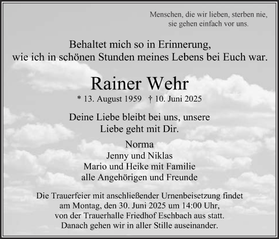 Traueranzeige von Rainer Wehr von Usinger Anzeiger, Usinger Anzeigenblatt