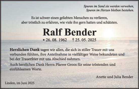 Traueranzeige von Ralf Bender von Giessener Allgemeine, Alsfelder Allgemeine, Giessener Anzeiger