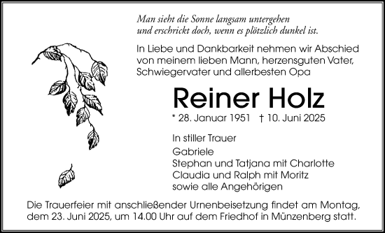 Traueranzeige von Reiner Holz von Butzbacher Zeitung
