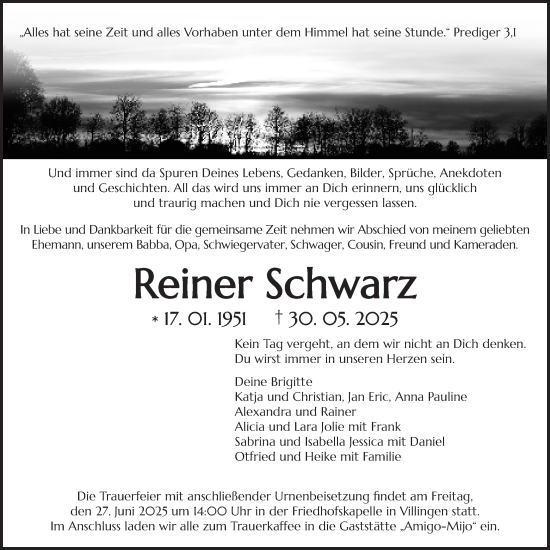 Traueranzeige von Reiner Schwarz von Licher Wochenblatt, Licher Wochenblatt