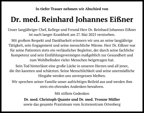 Traueranzeige von Reinhard Johannes Eißner von Kreis-Anzeiger