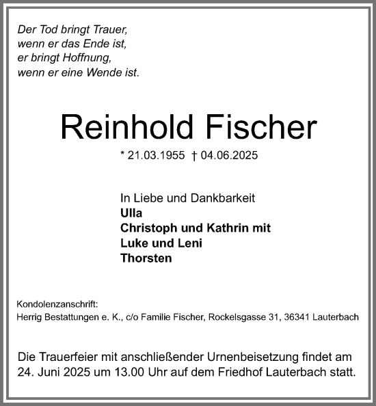 Traueranzeige von Reinhold Fischer von Lauterbacher Anzeiger