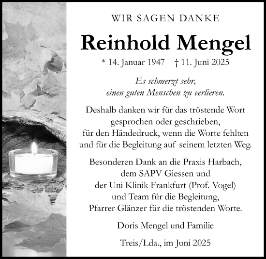 Traueranzeige von Reinhold Mengel von Giessener Allgemeine, Alsfelder Allgemeine, Giessener Anzeiger