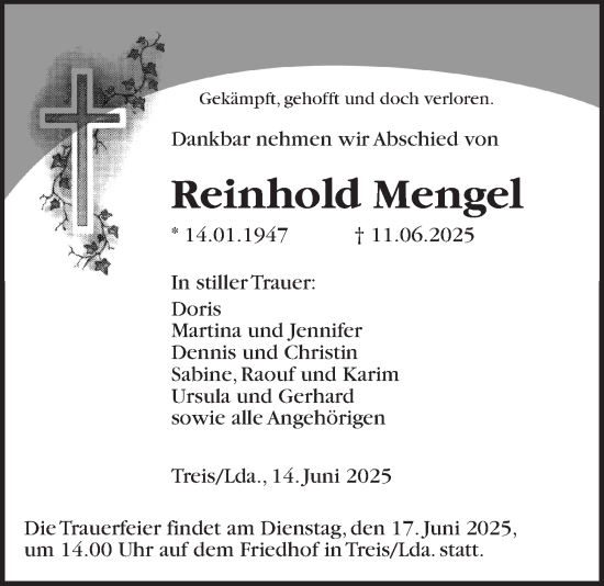 Traueranzeige von Reinhold Mengel von Giessener Allgemeine, Alsfelder Allgemeine