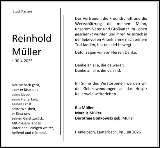 Traueranzeige von Reinhold Müller von Lauterbacher Anzeiger, Oberhessische Zeitung