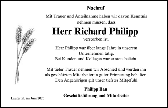Traueranzeige von Richard Philipp von Lauterbacher Anzeiger