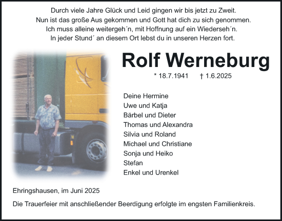 Traueranzeige von Rolf Werneburg von Oberhessische Zeitung