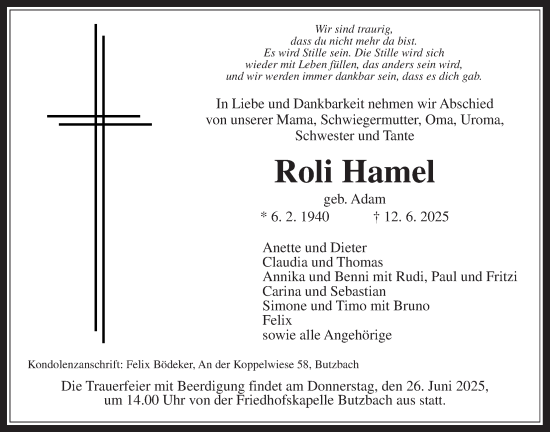 Traueranzeige von Roli Hamel von Butzbacher Zeitung