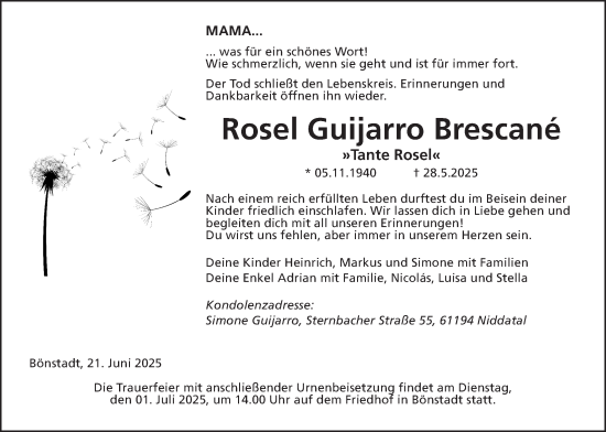 Traueranzeige von Rosel Guijarro Brescané von Wetterauer Zeitung