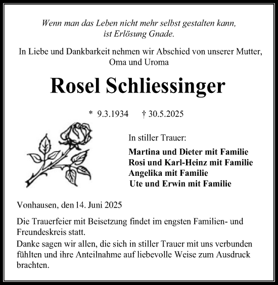 Traueranzeige von Rosel Schliessinger von Kreis-Anzeiger