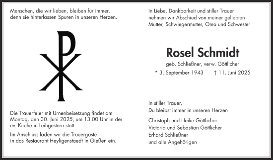 Traueranzeige von Rosel Schmidt von Giessener Anzeiger, Giessener Allgemeine, Alsfelder Allgemeine