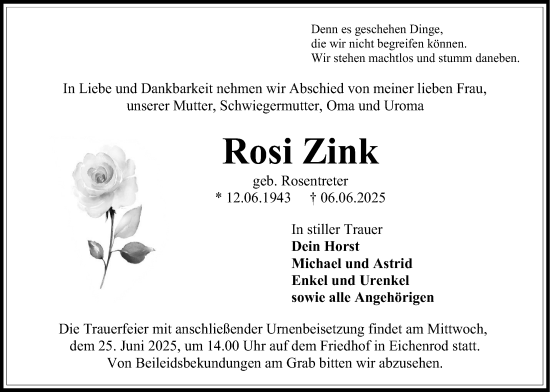 Traueranzeige von Rosi Zink von Lauterbacher Anzeiger
