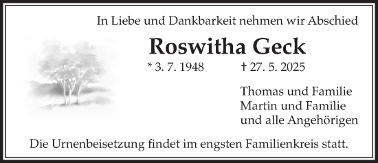 Traueranzeige von Roswitha Geck von Wetterauer Zeitung