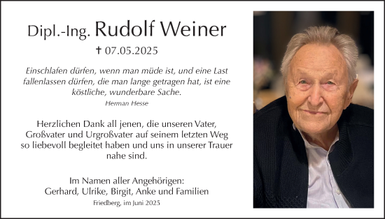 Traueranzeige von Rudolf Weiner von Wetterauer Zeitung
