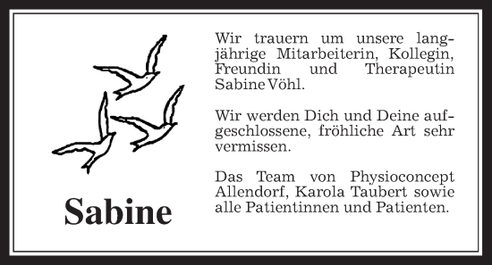 Traueranzeige von Sabine Vöhl von Oberhessische Zeitung