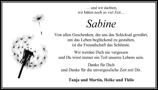 Traueranzeige von Sabine Vöhl von Oberhessische Zeitung