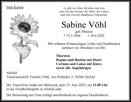 Traueranzeige von Sabine Vöhl von Oberhessische Zeitung