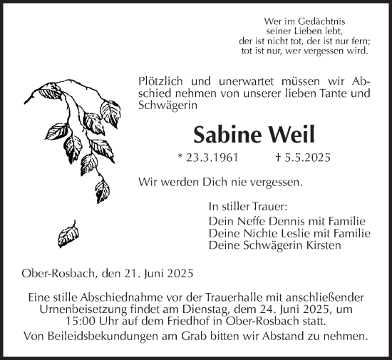 Traueranzeige von Sabine Weil von Wetterauer Zeitung