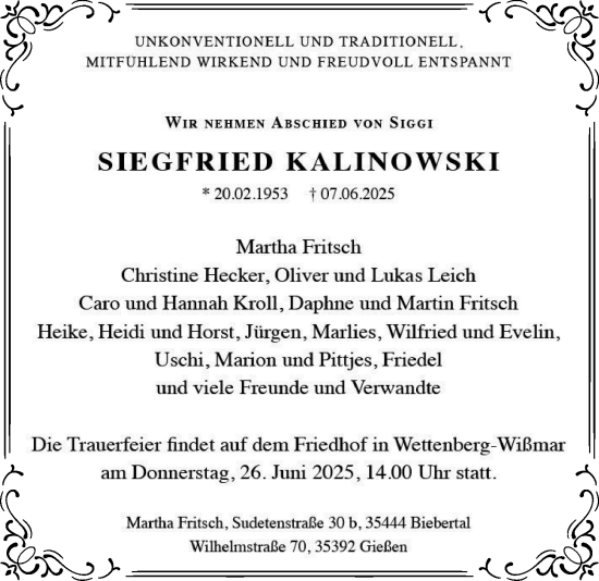 Traueranzeige von Siegfried Kalinowski von Giessener Allgemeine, Alsfelder Allgemeine
