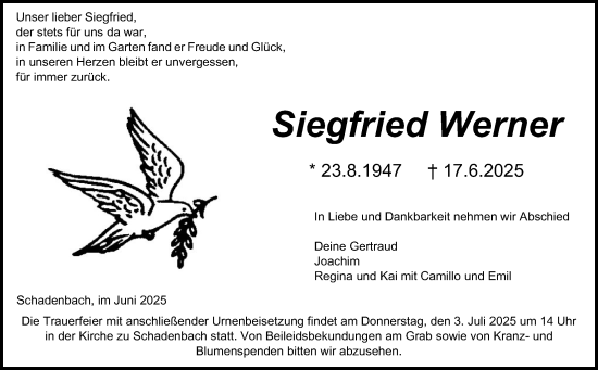 Traueranzeige von Siegfried Werner von Alsfelder Allgemeine, Oberhessische Zeitung