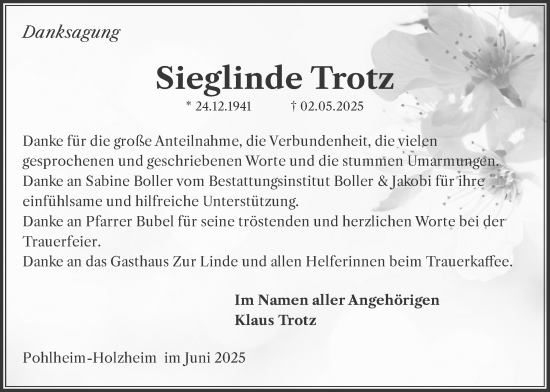 Traueranzeige von Sieglinde Trotz von Pohlheimer Nachrichten