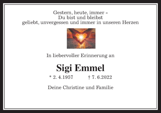 Traueranzeige von Sigi Emmel von Giessener Allgemeine, Alsfelder Allgemeine