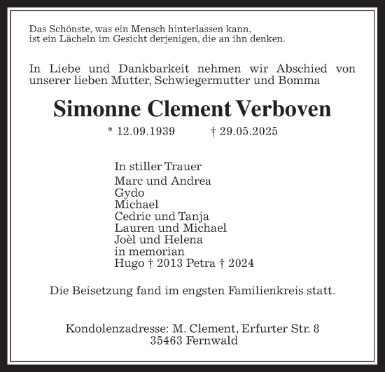 Traueranzeige von Simonne Clement Verboven von Giessener Allgemeine, Alsfelder Allgemeine