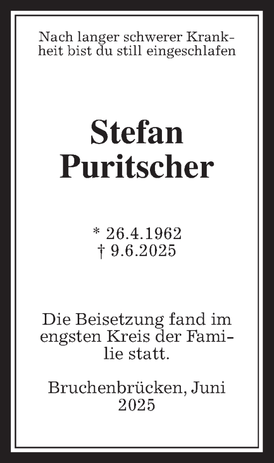 Traueranzeige von Stefan Puritscher von Wetterauer Zeitung