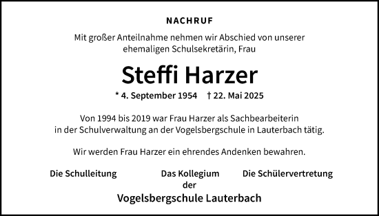 Traueranzeige von Steffi Harzer von Lauterbacher Anzeiger