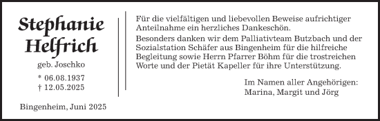 Traueranzeige von Stephanie Helfrich von Wetterauer Zeitung
